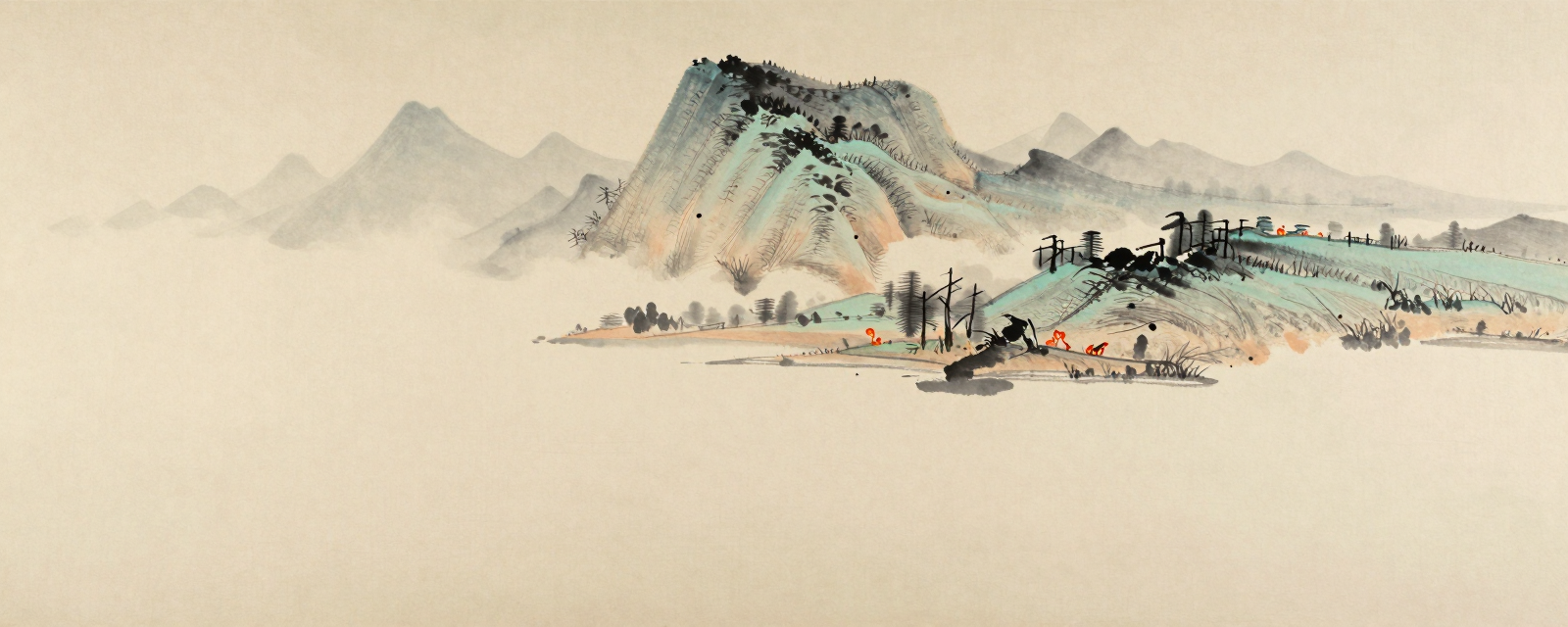 Illustration en aquarelle de montagnes brumeuses dans un style de peinture chinoise