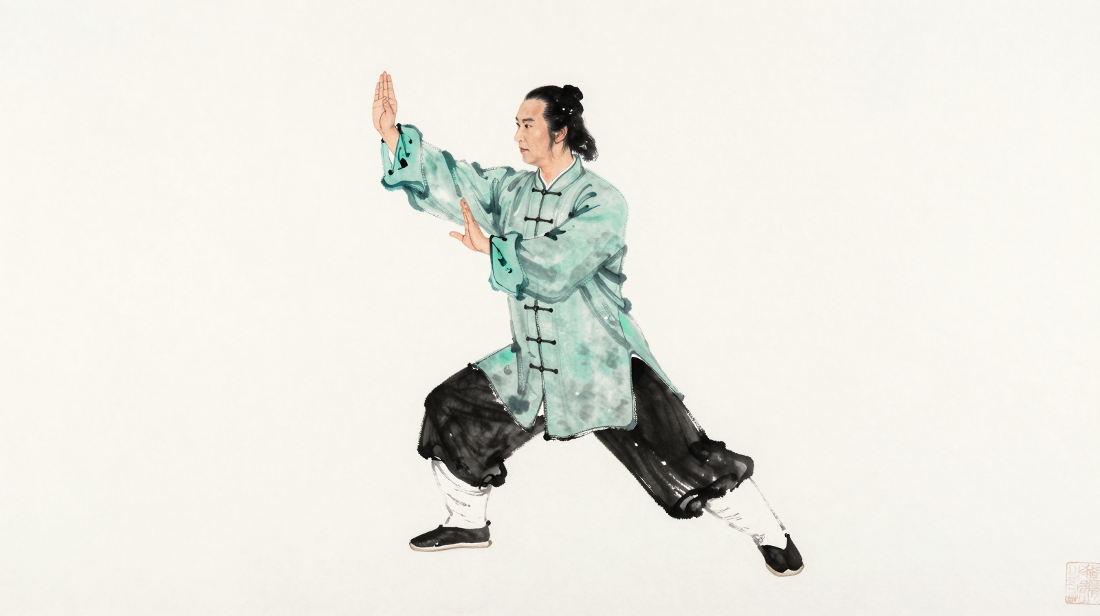 Illustration en aquarelle d'un pratiquant de tai-chi en mouvement lent